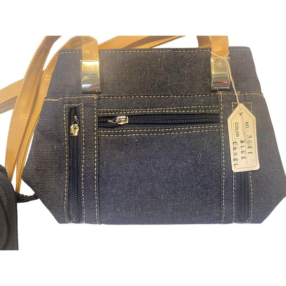 Denim & Faux Leather Crossbody Handbag With Phone Pouch Blue Tan - Picture 2 of 7